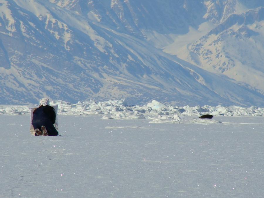 Hunter approaching sunbathing seal on the ice